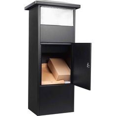 an open black mailbox with boxes in the front and side doors on both sides