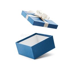 an open blue gift box with a white bow on the top and bottom, sitting in front of a white background