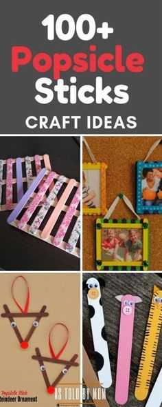 the cover of 100 popsicle sticks craft ideas is shown with pictures and scissors on it