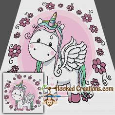 a cross stitch unicorn with wings and flowers in the background, next to an image of a