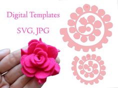 a hand holding a small pink flower on top of a piece of paper with the words digital templates svg, jpg