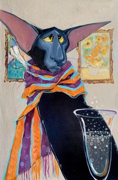 a painting of a black cat wearing a scarf and holding a glass with liquid in it