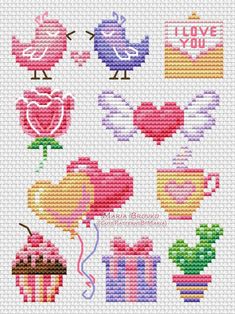 cross stitch pattern for valentine's day with hearts, flowers and cupcakes