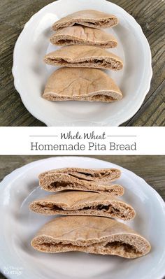 whole wheat homemade pita bread on a white plate with text overlay that reads, whole wheat homemade pita bread