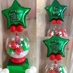 two snow globes with santa clause on them and christmas balloons in the shape of stars