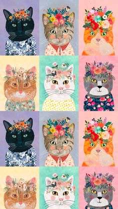 many cats with flowers on their heads are depicted in this colorful pattern, which is very similar to the cat's face