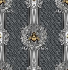 a bee sitting on top of a silver and black wallpaper with an ornate design