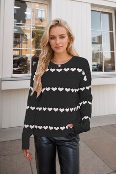 Get ready to add some heart to your wardrobe with our My Hearts Oversized Striped Pullover Sweater! This playful and quirky sweater boasts a flattering oversized fit and stylish hearts striped pattern. Perfect for a cozy day in or a night out on the town, this sweater is sure to bring some fun to any outfit. Size Guide: Model is 5’8” tall, and has a 32.6” bust, 24.5”waist, & 35.8” hips. She is wearing a S / US 4 / AU 8. This sweater is true to size. Feature: Crew neckline. Long sleeves. Striped hearts. Oversized, stretchy fit. Material: 50% Viscose, 28% Polyester, 22% Nylon. Care Instructions: Machine wash / Cold hand wash. Cardigan Sweater Dress, American People, Maxi Dress Formal, Thick Fabric, Loose Sweater, Faux Fur Jacket, Belleza Natural, Knitwear Women, Denim Top