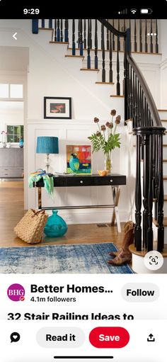 the stairs in this house have been painted black and are decorated with blue, white and red