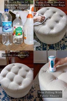 instructions for how to make a tufted ottoman with spray bottle and fabric shaver