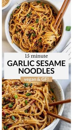 two bowls filled with garlic sesame noodles and chopsticks