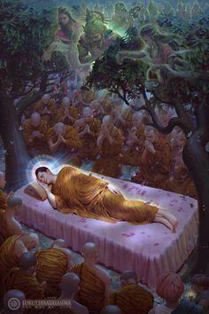 a woman laying on top of a pink bed covered in lots of buddha's