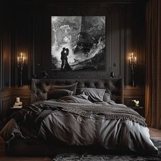 a bedroom with a large painting on the wall and a bed in front of it