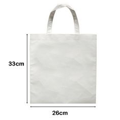 a white shopping bag with measurements for the size and width, on a white background