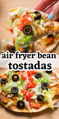 air fryer bean tostadas Cheese Air Fryer, Recipes Using Flour, Authentic Guacamole Recipe, How To Make Beans, Tostada Recipes, Recipes With Flour Tortillas, Meatless Main Dishes, Shredded Cheddar Cheese, Tortilla Recipe