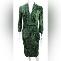 London Times Womens Abstract Paisley V Neck Midi Sheath Dress Green 44”Long ~ Arm Pit-Arm Pit 21”Long ~ Call Size 16 Fitted V-neck Paisley Print Dress, Fitted V-neck Dress With Paisley Print, Elegant Paisley Print Dress For Work, Fitted Patterned Paisley Print Dress, Abstract Paisley, London Style, Midi Sheath Dress, Size 16 Dresses, London Fashion