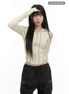 ribbed-hooded-slim-crop-zip-up-top-cg430 / Light beige Back To School Looks, Slim Fit Hoodie, Festival Trends, Cropped Zip Up, School Looks, Prom Outfits, Cut Out Design, Fashion Korean, Urban Chic