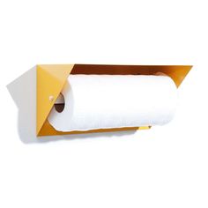 a roll of toilet paper sitting in a yellow box on top of a white wall