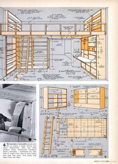 the plans for a bunk bed are shown in two different views, one with ladders and