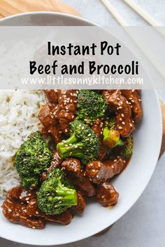 a white bowl filled with beef and broccoli on top of rice next to chopsticks