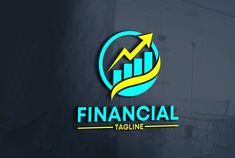 financial tagline logo design with arrow and graph on dark background for company or business