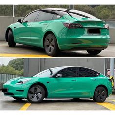 two different views of the same green car