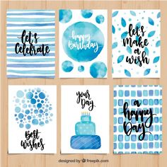 six watercolor birthday cards with blue and white designs