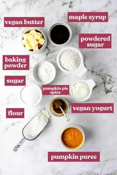 ingredients to make pumpkin pie on a marble countertop with text overlay that reads, how to make pumpkin pie