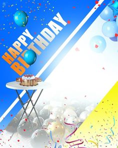 a happy birthday card with balloons and confetti on a table in the foreground