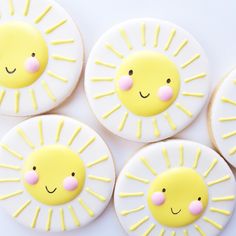 Cute sunshine face decorated  cookies with pink cheeks and cute faces Sun Cookies, Sunshine Face, First Birthday Cookies, Cookies And Cakes