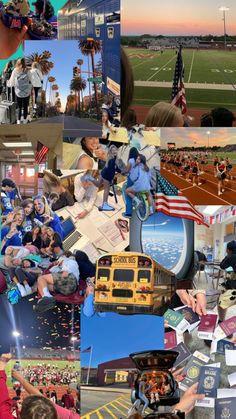 a collage of photos with people and sports equipment in them, including a school bus