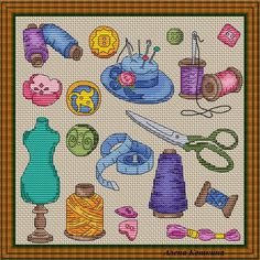 a cross stitch pattern with various sewing items on it, including scissors and yarns