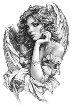 a pencil drawing of a woman with angel wings on her shoulder and hands to her face