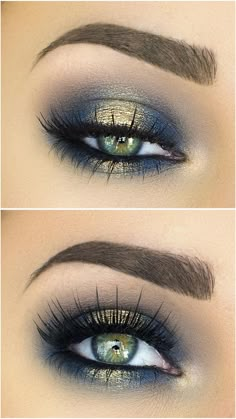 Eyebrows Ideas, Jasmine Makeup, Make Up Gold, Blue Smokey Eye, Makeup Looks For Green Eyes, Smink Inspiration, Smoky Eyes, Gold Eyeshadow