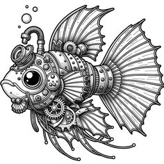 a black and white drawing of a fish with gears on it's body, surrounded by bubbles