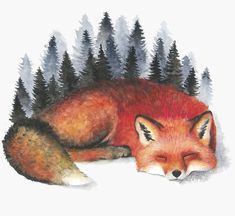 a painting of a fox sleeping in the snow with trees around it and its eyes closed