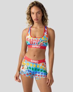 Bring a splash of color to your collection with this drop from Rainbow Brite x PSD! The Rainbow Brite Sports Bra is made from a silky poly blend and is breathable yet slightly compressive, bringing you the comfort and support you need for everything you get into. | PSD Women's Rainbow Brite Sports Bra, Size XS, Polyester/Blend Multicolor Fitted Sports Bra, Fitted Rainbow Print Swimwear, Vintage Rainbow Brite, Rainbow Brite Cross Stitch, Sporty Multicolor Moisture-wicking Sports Bra, Rainbow Brite, Color Splash, Sports Bra, Bra