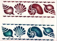 three decorative designs on white paper with blue and red colors in the middle one has an ocean theme