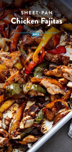 chicken fajitas with peppers and onions in a pan