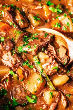 a wooden spoon is in a stew with meat and vegetables on the side, ready to be eaten