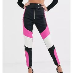 Asos Design Biker Pant In Pu. New With Tag, Never Worn. #Tds371m Pink Fitted Color Block Bottoms, Fitted Pink Color Block Bottoms, Sporty High-waisted Pink Pants, Sporty High Waist Pink Pants, Black Color Block Pants For Spring, Spring Black Color Block Pants, Spring Color Block Black Pants, Trendy Black Color Block Pants, High Waist Fitted Color Block Pants