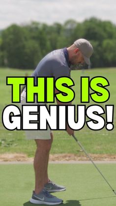 a man is playing golf with the caption'this is genius '