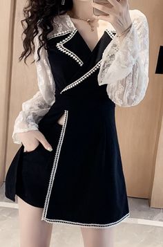 Black White Transparent Long Sleeve Lace Mini Dress. It is street style, good for elegant ladies, classy teens and modern fashion Black And White Dress Short, Black And White Classy Dress, Black And White Formal Outfit For Ladies, Black And White Dress Outfit Formal, Black And White Dress Classy Elegant, Black And White Formal Outfit, Short Dresses Formal Elegant, Black Dress Classy Short, Black Korean Dress