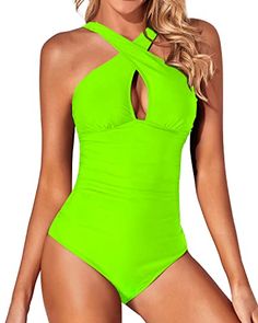 Swimwear Type: one piece Style: elegant, cute Fabric: 82% nylon, 18% spandex Neckline: wrap neck Strap Type: wide straps Back Style: open back Chest Pad: removable padded Color: neon green Decoration: ruched, keyhole, front cross Bottom Style: high leg Garment Care: hand wash only Green Decoration, Backless Bathing Suits, Backless One Piece Swimsuit, Green One Piece Swimsuit, High Neck Swimsuits, Keyhole Neck, 1 Piece Swimsuit, Cute Bathing Suits, One Piece Swimsuits