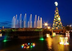 a christmas tree is lit up in front of a fountain with lights on the water