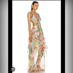 Patbo Floral Oasis Maxi Dress In A Size Small. Beautiful Oceanic Print Perfect For The Beach/Vacation/Cruise. Retails At $750. Only “Flaw” Is A Small Tear At The Bottom Of The Zipper, As Shown In The Last Picture. Tropical Motif Dress Defined With A Handkerchief Hem, Buckle Waist, Built-In Bodysuit With Snaps, And Side Cutouts With An Open Lace-Up Back. Plunge V-Neck Sleeveless Lace-Up Back Tie Handkerchief Hem Lycra/Elastane Skirt: Polyester Dry Clean Imported Tropical Maxi Dress For Resort Season, Summer Dresses With Tropical Print For Resort Season, Beach Maxi Dress With Tropical Print, Chic Tropical Print Maxi Dress For Summer Parties, Chic Floral Print Dress For Resort Season, Multicolor Floral Print Dresses For Resort Season, Elegant Maxi Dress With Tropical Print For Vacation, Summer Cocktail Maxi Dress With V-neck, Summer V-neck Cocktail Maxi Dress