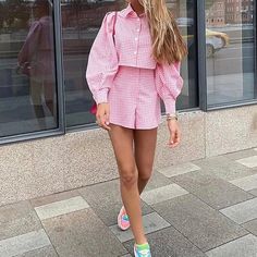 💖🤎🩵 Cropped Outfits, Stylish Crop Top, Two Piece Short Set, Puff Long Sleeves, Crop Top Shirts, Boyfriend Style, Long Sleeve Plaid, Pullover Shirt, Crop Blouse