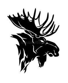 a moose head with large antlers in black and white