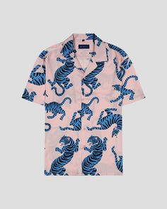 SG Camp Collar Shirt - Pink Tiger Luxury Men's Shirt With Camp Collar, Luxury Men's Camp Collar Shirt, Luxury Camp Collar Shirt With All Over Print, Luxury Printed Camp Shirt For Men, Luxury Men's Button-up Camp Shirt, Collar Designs, Pink Shirt, Denim Shirt, Modern Fit