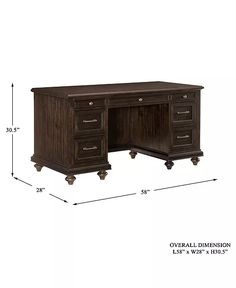 the desk is shown with measurements for each drawer and top section, including two drawers